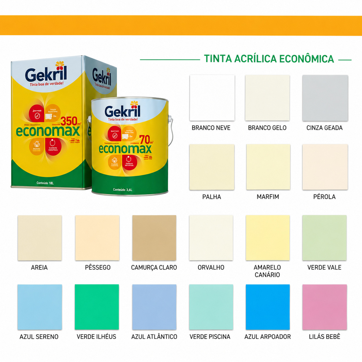 Catálogo de cores da Tinta Acrílica Gekril Economax