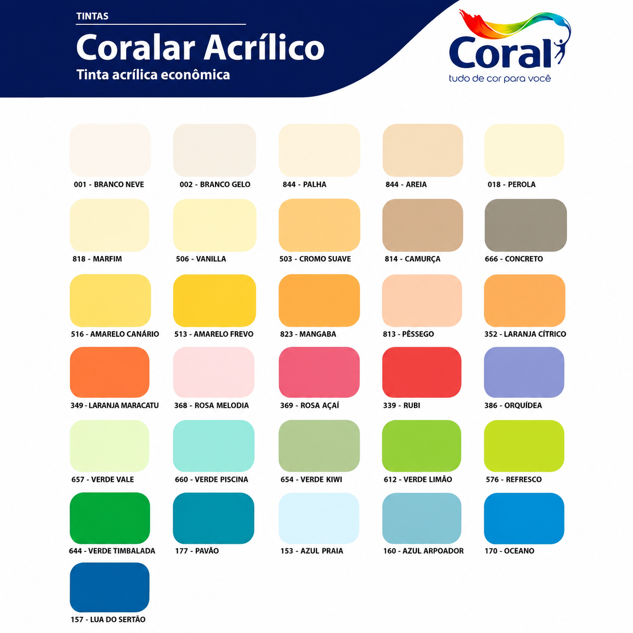 Catálogo de cores da Tinta Acrílica Coral Coralar 18L