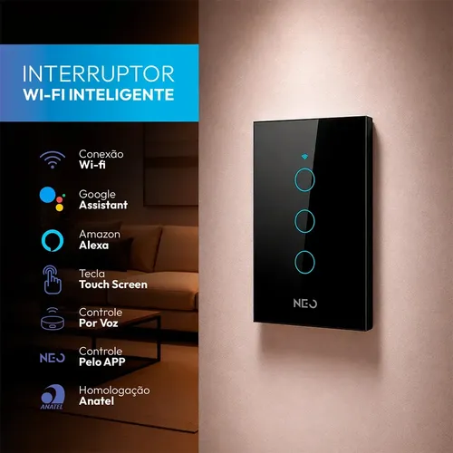 Interruptor Inteligente Wi-Fi 4x2 Touch 3 Botões Preto — NEO by Avant