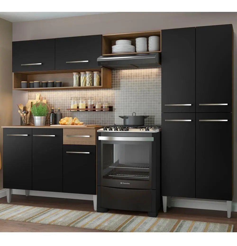 Armário de Cozinha Modulada Compacta Emilly Pop — Rústic/Preto