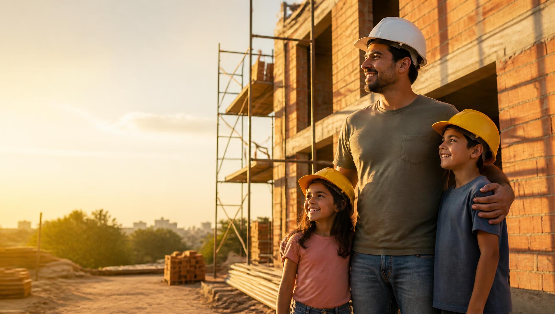 Pai com a filha e o filho visitando a casa em construção